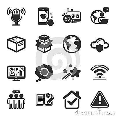 Set of Technology icons, such as World planet, Analytics graph, Cloud protection symbols. Vector Stock Photo