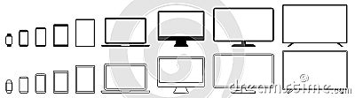 Set technology line devices icon: TV monitor, computer, laptop, tablet, smartphone, watch icons. Outline mockup electronics Vector Illustration