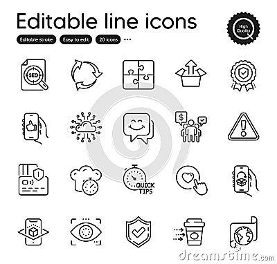 Set of Technology outline icons. Contains icons as Card, Augmented reality and Translation service elements. Vector Vector Illustration