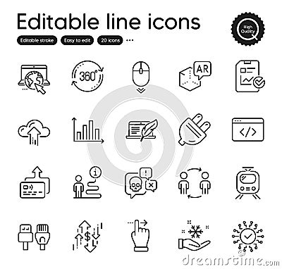 Set of Technology outline icons. Contains icons as Cyber attack, Train and Security network elements. Vector Vector Illustration