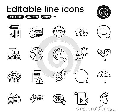 Set of Technology outline icons. Contains icons as Engineering team, Cyber attack and Umbrella elements. Vector Vector Illustration