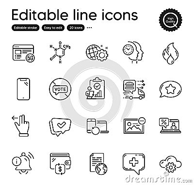 Set of Technology outline icons. Contains icons as Touchscreen gesture, Time management. Vector Stock Photo