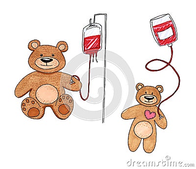 Teddy Bear transfused blood with a dropper isolated on white, Teddy Bear toy is sick, child blood transfusion concept Stock Photo