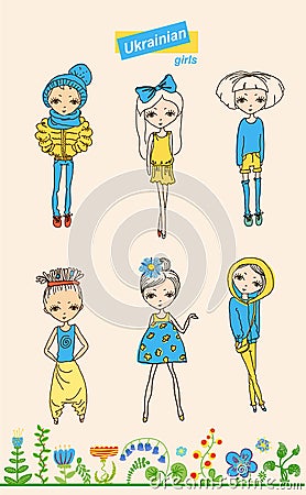 Set of teenage Ukrainian girls Cartoon Illustration