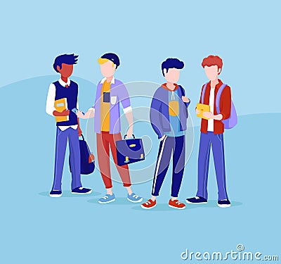 Group of young people, standing together, in different poses. Students, schoolchildren illustration in cartoon style. Vector Illustration