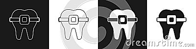 Set Teeth with braces icon isolated on black and white background. Alignment of bite of teeth, dental row with with Vector Illustration