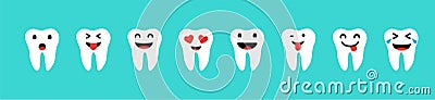 Set of Teeth with emotions in white color on blue background. Happy Teeth set. Tooth icons Vector Illustration