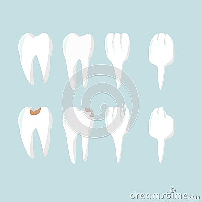Set of teeth in flat style, healthy teeth and decayed teeth, dentistry and dental health, vector illustration Vector Illustration