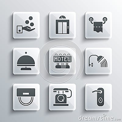 Set Telephone handset, Door handle, Shower head, Signboard with text Hotel, Bellboy hat, Covered tray, Paying tips and Vector Illustration