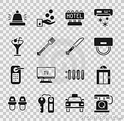 Set Telephone handset, Lift, Bellboy hat, Signboard with text Hotel, Fork, Martini glass, service bell and Knife icon Vector Illustration