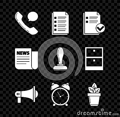 Set Telephone handset and speech bubble chat, File document, Document check mark, Megaphone, Alarm clock, Flowers in pot Vector Illustration