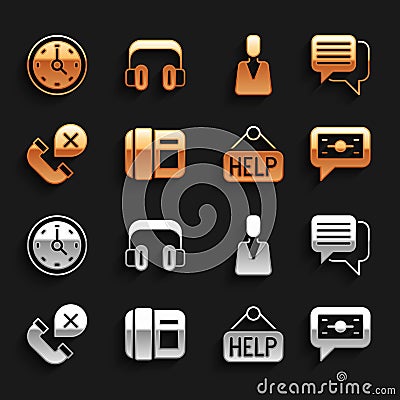 Set Telephone handset, Speech bubble chat, Stacks paper money cash, Signboard with text Help, Declined or missed call Vector Illustration
