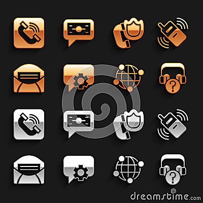 Set Telephone 24 hours support, Mobile, Headphones with question, Global technology, Mail and e-mail, handset shield Vector Illustration
