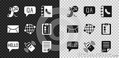 Set Telephone 24 hours support, Question and Answer, Phone book, Hello in different languages, Mobile, File document Vector Illustration
