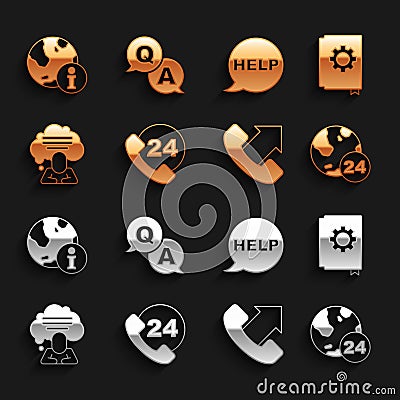 Set Telephone 24 hours support, User manual, Speech bubble chat, with text Help, Information and Question and Answer Vector Illustration