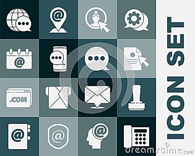 Set Telephone, Stamp, Document and cursor, Create account screen, Chat messages notification, Calendar with email, World Vector Illustration