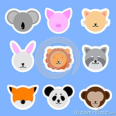 Set of Template Animals Stickers. Cat, Rabbit, Pig, Lion, Panda, Fox. Vector collection funny animals. Vector Illustration