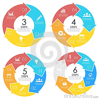 Set template with arrow for circle diagram, web design and round infographic. Business concept with 3, 4, 5, 6 elements Vector Illustration