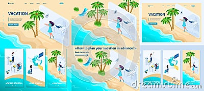 Set Template article, Landing page, app design, Isometric girl goes from office to vacation via tablet Stock Photo