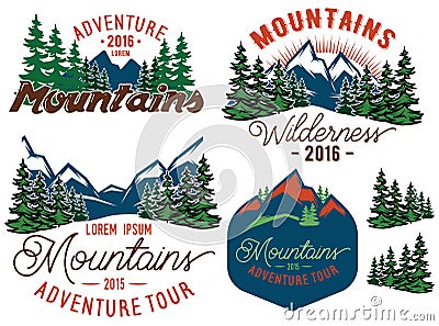 Set template in retro style with mountains spruces forest Vector Illustration