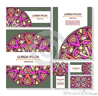 Set templates business cards and invitations with circular patterns of mandalas Vector Illustration