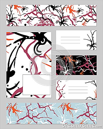 Set of templates for cards, banners and bookmarks with abstract texture. Multicolored pattern of blots, branches and dots. Vector Illustration