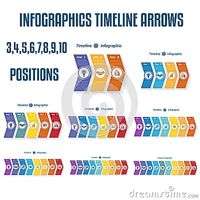 Set 9 templates, Colorful Timeline arrows Infographics for business conceptual cyclic processes on 3, 4, 5, 6, 7, 8, 9, 10 posit Vector Illustration