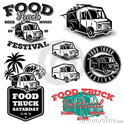 Set of templates, design elements, vintage style emblems for food truck Vector Illustration