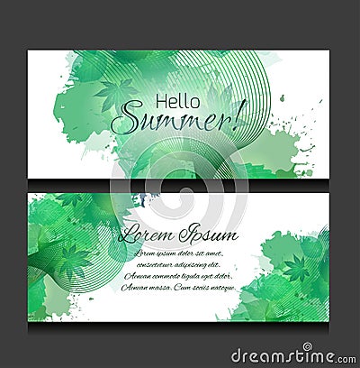 Set of templates of horizontal banners with green leaves Vector Illustration