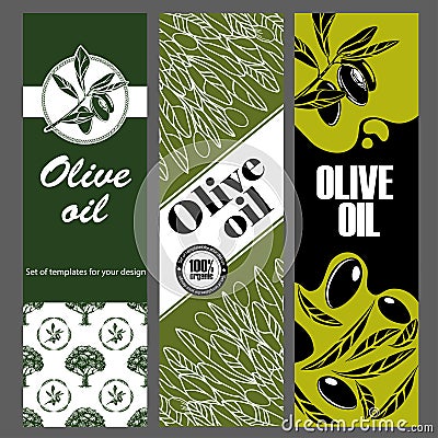 Set of templates for olive oil. Hand drawn illustrations. Vector Illustration