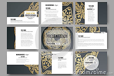 Set of 9 templates for presentation slides. Golden microchip pattern on dark background with connecting dots and lines Vector Illustration