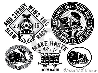 Set of templates with retro locomotive, wagon, vintage train, logotype, illustration to topic railroad Vector Illustration