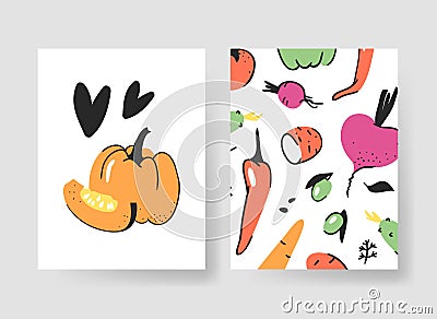 Set of templates for summer cards. Hand drawn vector patterns brochures with veggies. Actual artistic design vegetables Vector Illustration