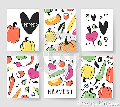 Set of templates for summer cards. Hand drawn vector patterns brochures with veggies. Actual artistic design vegetables Vector Illustration