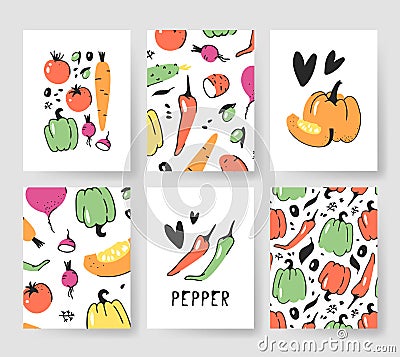 Set of templates for summer cards. Hand drawn vector patterns brochures with veggies. Actual artistic design vegetables Vector Illustration