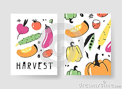 Set of templates for summer cards. Hand drawn vector patterns brochures with veggies. Actual artistic design vegetables Vector Illustration