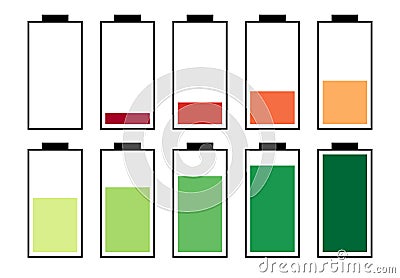 A set of ten batteries with different charge indicators Vector Illustration