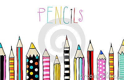 Set of ten colored pencils on white background in sketch fun style.line of colored pencils.Back to school. Stock Photo