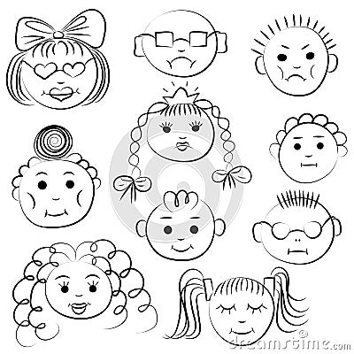 Set of ten cute kids. Funny children drawings of faces. Sketch style Vector Illustration