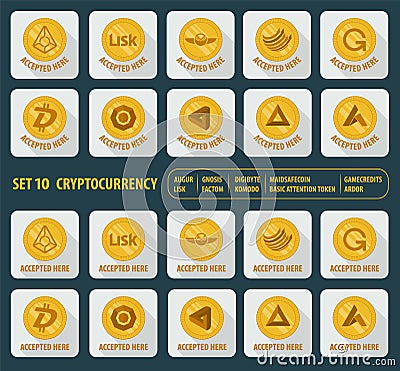 Set of ten different cryptocurrency icons on a light background Stock Photo