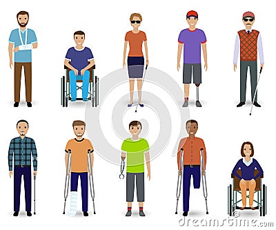 Set of ten disabled people characters. Disability concept. Group of male and female invalid men. Vector Illustration