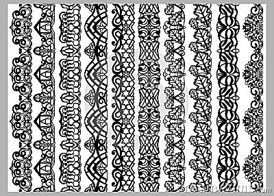 Set of ten seamless endless decorative lines. Indian decoration border elements patterns in black and white colors. Could be use Vector Illustration