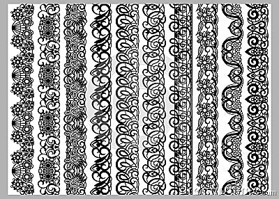 Set of ten seamless endless decorative lines. Indian decoration border elements patterns in black and white colors. Could be use Vector Illustration