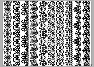 Set of ten seamless endless decorative lines. Indian decoration border elements patterns in black and white colors. Could be use Vector Illustration