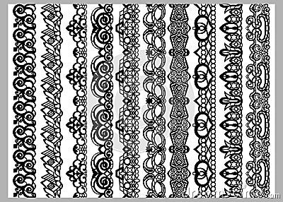 Set of ten seamless endless decorative lines. Indian decoration border elements patterns in black and white colors. Could be use Vector Illustration