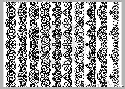 Set of ten seamless endless decorative lines. Indian decoration border elements patterns in black and white colors. Could be use Vector Illustration