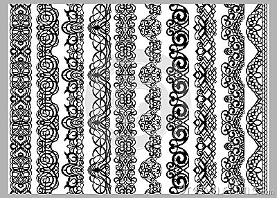 Set of ten seamless endless decorative lines. Indian decoration border elements patterns in black and white colors. Could be use Vector Illustration