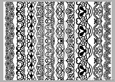 Set of ten seamless endless decorative lines. Indian Henna Border decoration elements patterns in black and white colors. Could b Vector Illustration