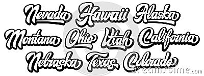 Set of ten templates of different American states. Calligraphic stylish lettering for design Vector Illustration