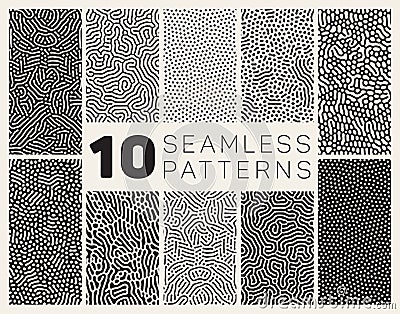 Set of Ten Vector Seamless Black and White Organic Rounded Jumble Maze Lines Patterns Vector Illustration